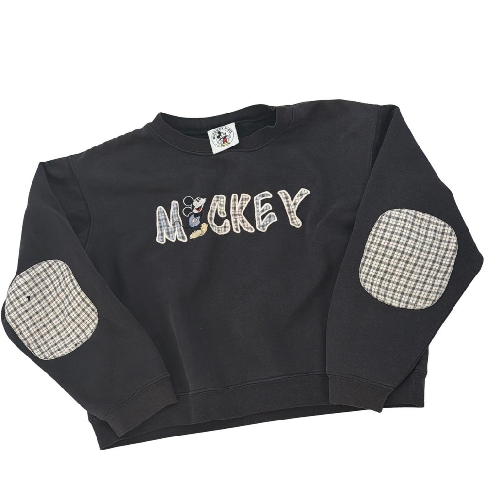 Mickey & Co Disney Sweatshirt Charcoal Grey Plaid Elbow Patch Vintage Y2K‎